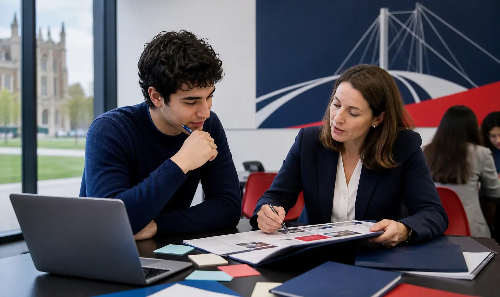 İngiltere’de master başvurusu için danışmanıyla belge inceleyen öğrenci