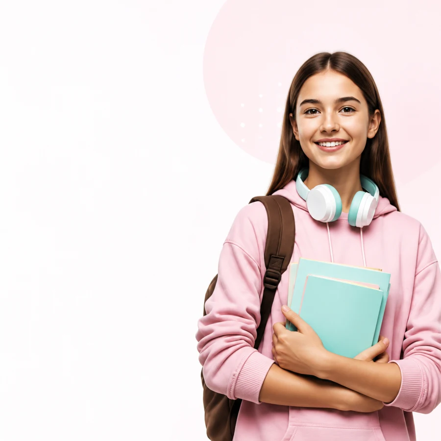 Pembe sweatshirt, kulaklık ve kitaplarıyla okul öğrencisi