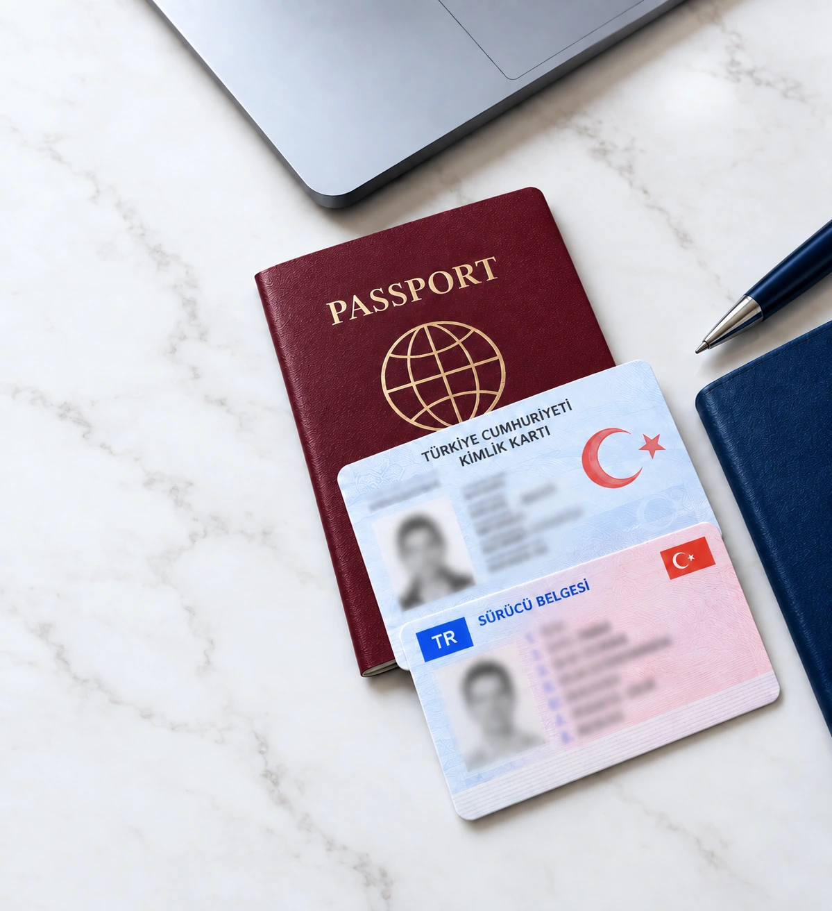 Dizüstü bilgisayar, bordo pasaport ve kişisel bilgileri gizlenmiş örnek kimlik belgeleri